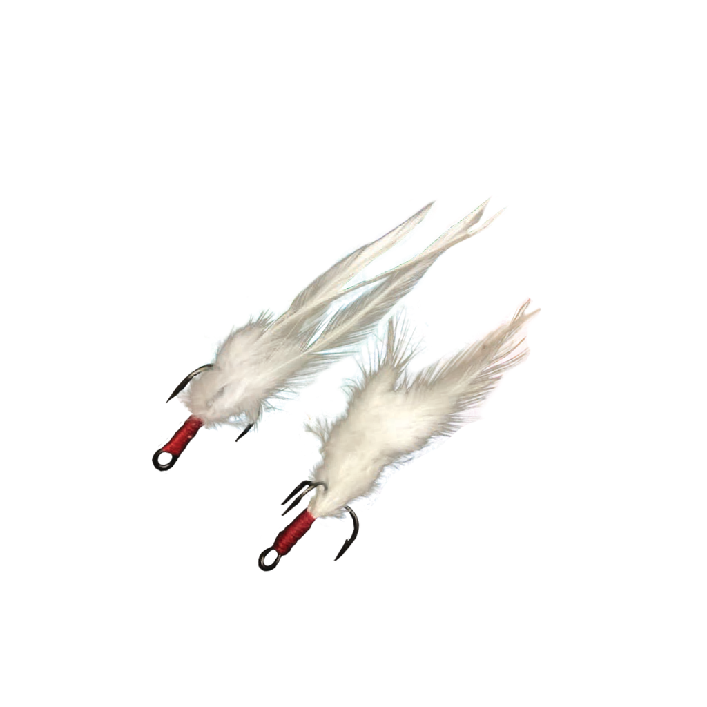 feathers for fishing lures Feathered Gaff Treble Each lure comes rigged with 6 feet of 100# monofilament and a 7/0 Mustad 3407 hook Dixie Jet Feather Hooks White